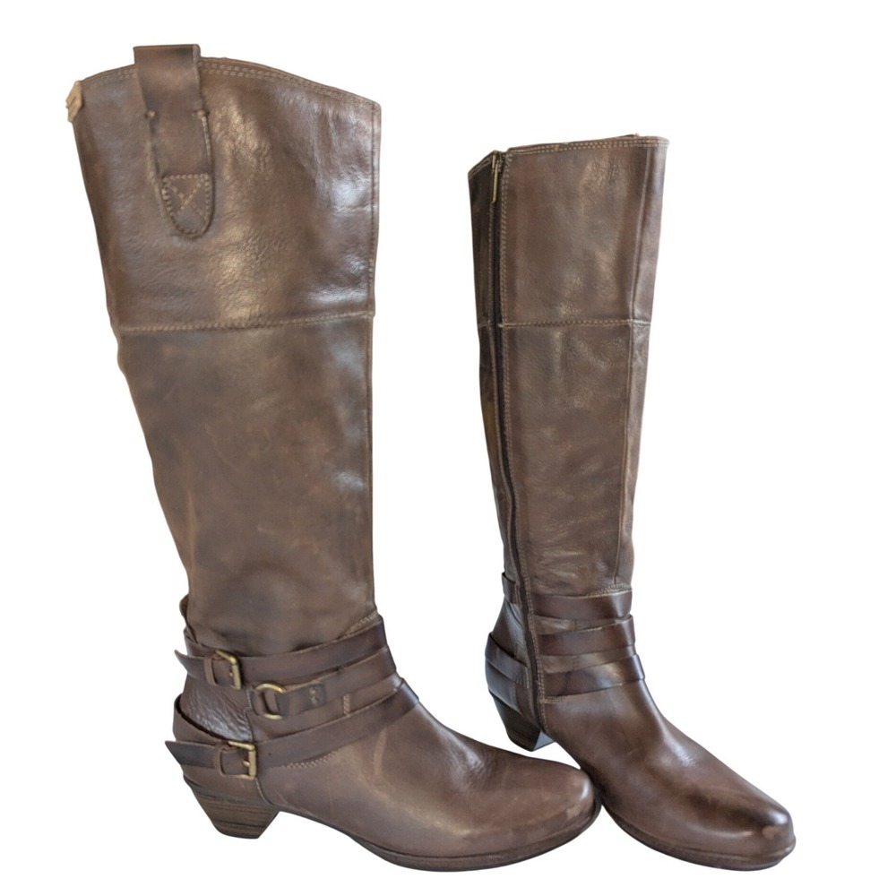Pikolinos Brown Leather Tall Knee High  Boots Womens Side‎ Zip Stacked Heel 9.5